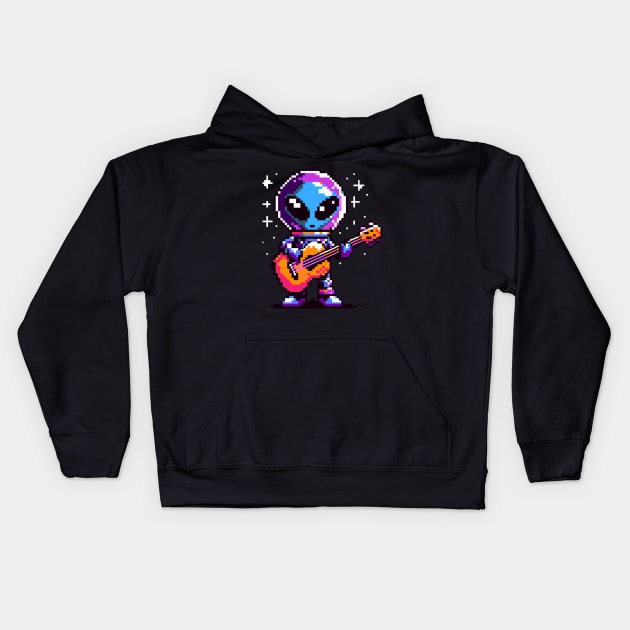 Galactic Guitarist - Pixelated Alien Musician Kids Hoodie by Pixel Punkster